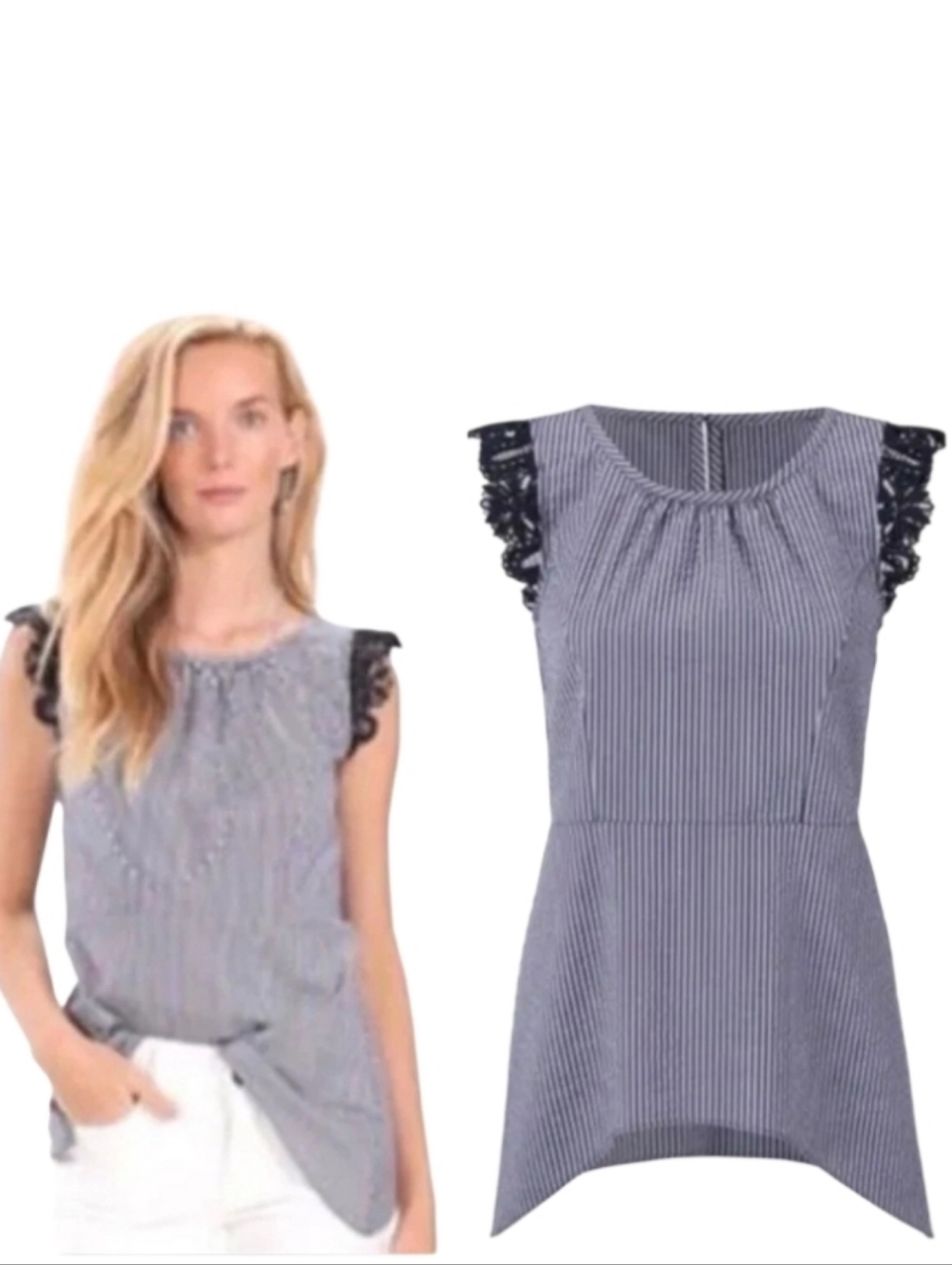 Cabi Flutter Sleeve Crochet Striped Top
